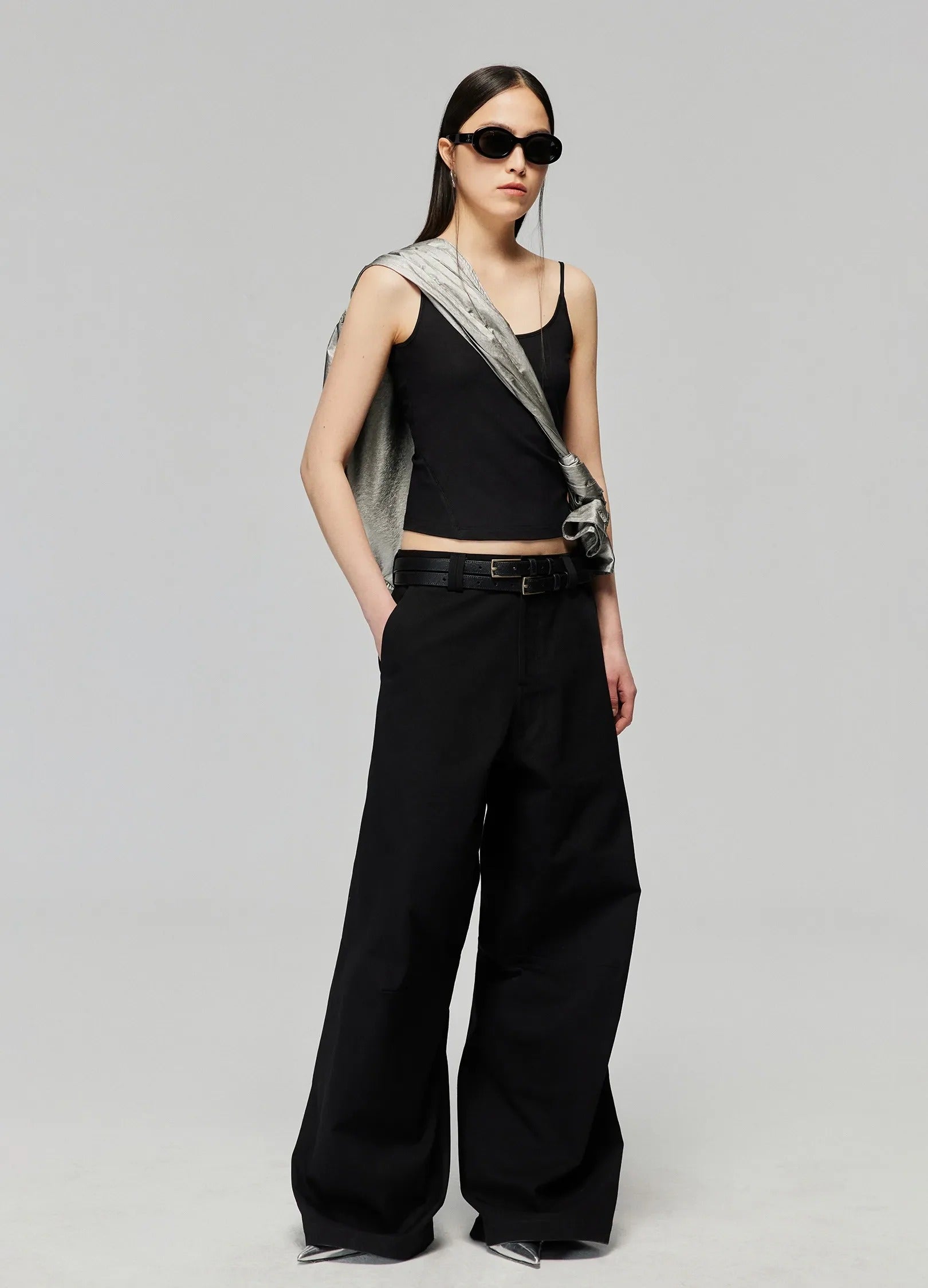 Darted Wide Cotton Trousers Black