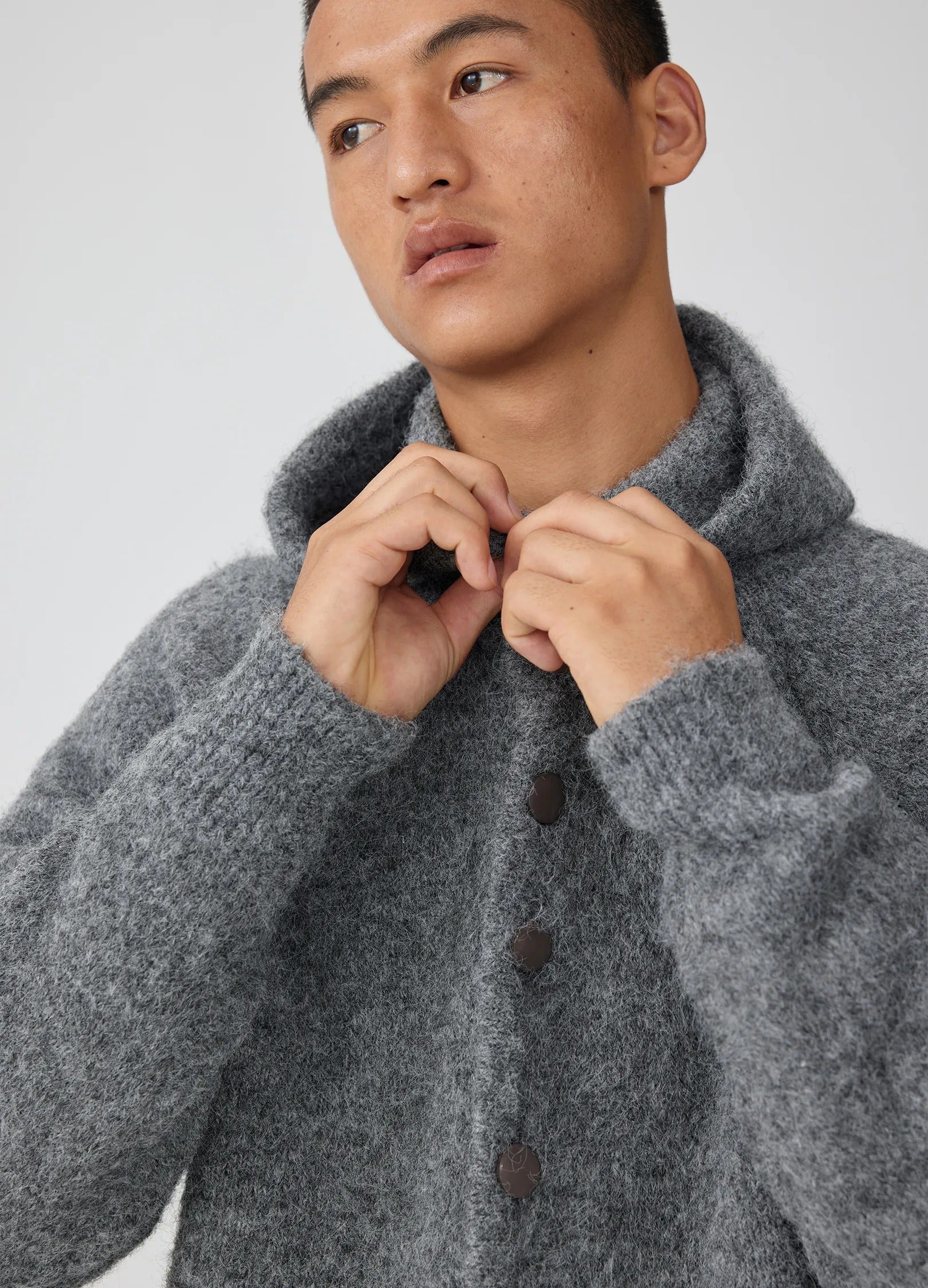 Mohair Button Hoodie Stone