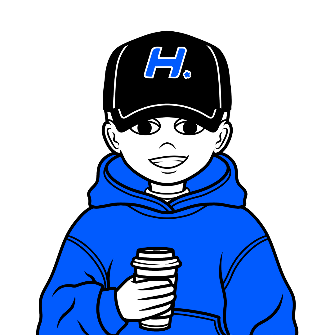 Cartoon character wearing a blue hoodie and black cap with 'H.' holding a cup on a white background