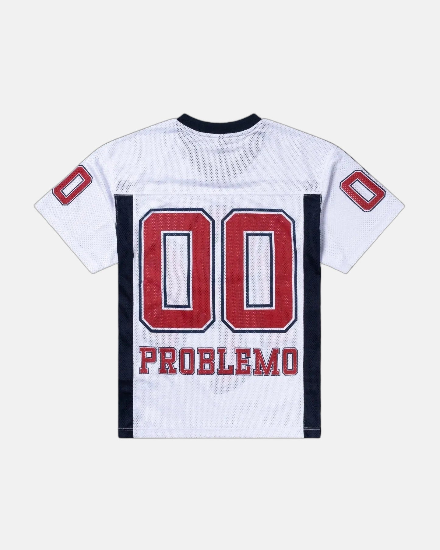 White sports jersey with red and black accents, featuring the word 'PROBLEMO'.