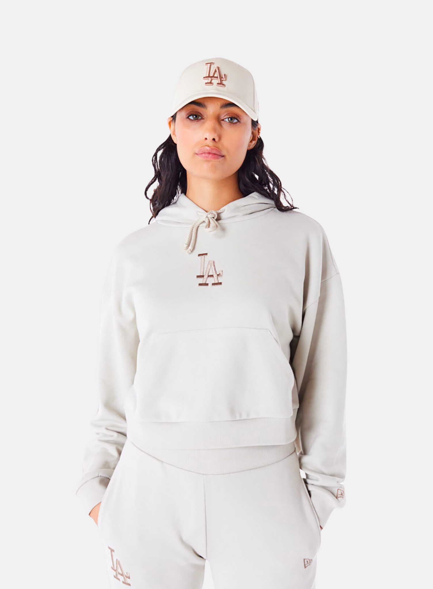 New Era LA Dodgers MLB Womens Crop Pullover Hoodie Stone - Hympala Store 