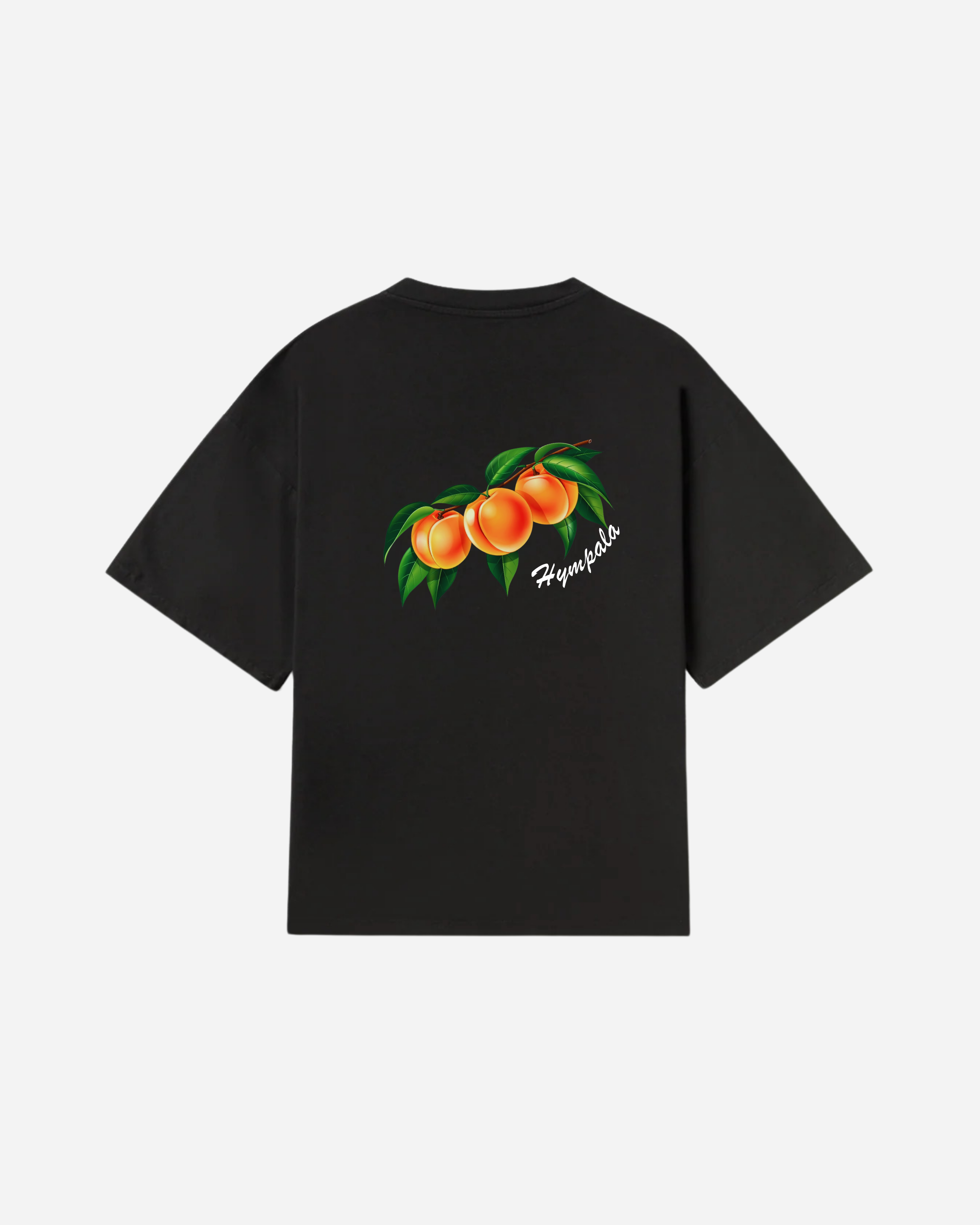 Hympala Peach Tee in black with an airbrushed peaches back print