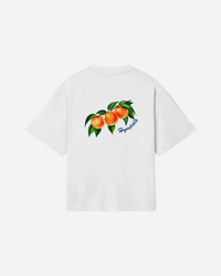 Hympala Peach Tee in white with an airbrushed peaches back print